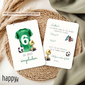 May include: Two invitation cards with soccer theme. One card features a green soccer jersey with the number 6, a soccer ball, and a trophy. The other card has fill-in-the-blank fields for party details and soccer-themed illustrations.