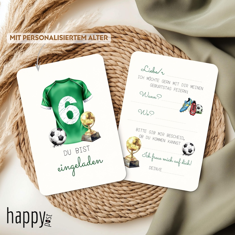 May include: Two invitation cards with soccer theme. One card features a green soccer jersey with the number 6, a soccer ball, and a trophy. The other card has fill-in-the-blank fields for party details and soccer-themed illustrations.