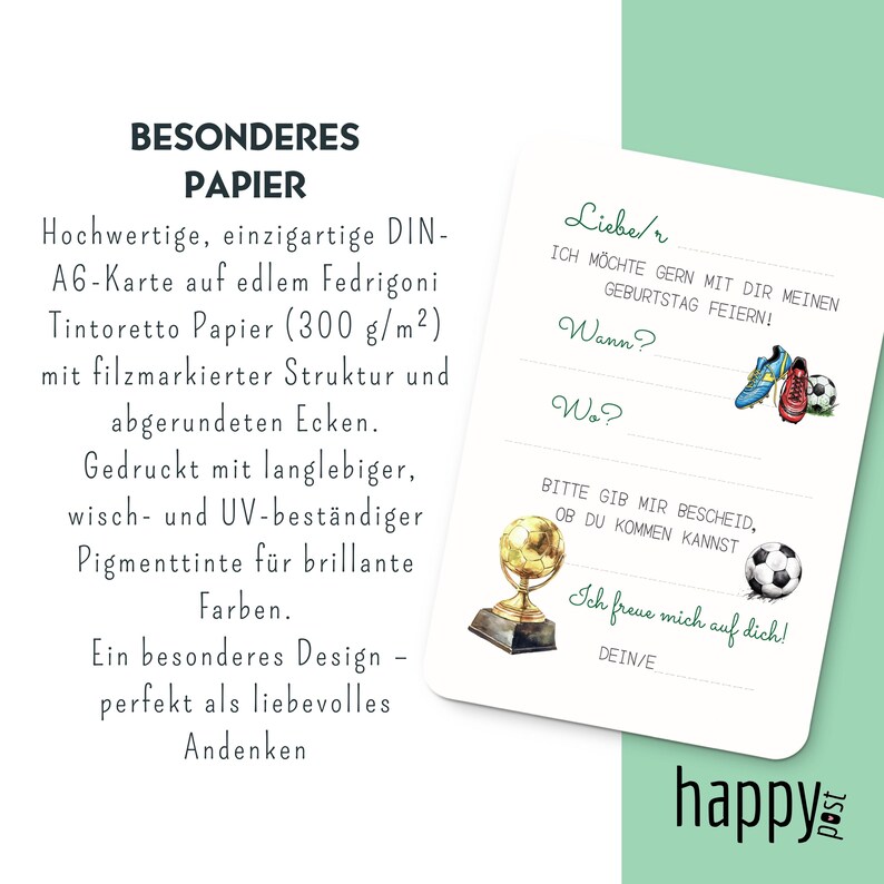 May include: A white invitation card with text in German, featuring illustrations of soccer cleats, a soccer ball, and a trophy. The card is for a birthday celebration.