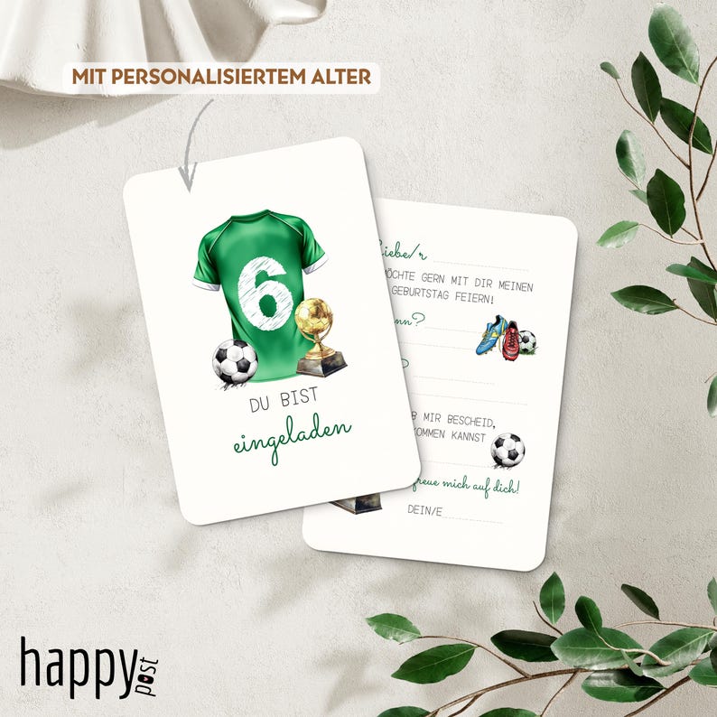 May include: Two white invitation cards with soccer-themed illustrations. One card features a green jersey with the number 6, a soccer ball, and a trophy. The other card has fill-in-the-blank sections and soccer cleats. Text includes "DU BIST eingeladen".