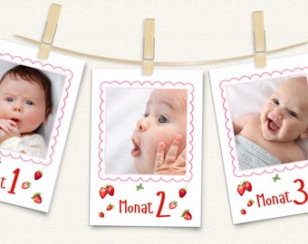Jahreskarten Meilensteinkarten 1. Geburtstag Girlande Baby Mädchen Erdbeeren Beeren – Foto Banner 12 Monate, Baby Meilenstein Banner