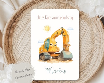 Personalisierte Bagger Geburtstagskarte – Baustelle Kindergeburtstagskarte mit Name & Alter – Aquarell Construction Karte Junge