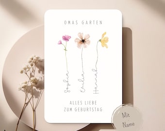 Personalisierte Oma Geburtstagskarte – „Omas Garten“ mit Enkelnamen – Blumen Aquarell Karte – Geschenk zum Geburtstag der Oma von Enkelkind