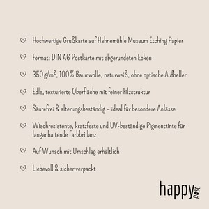 May include: A beige card with text in German, including "Hochwertige Gru&szlig;karte" and "happy post" in a handwritten style. The card details include paper type, size, and ink details.