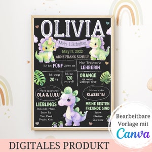 Einschulungstafel Dino Meilensteintafel erster Schultag, Chalkboard Einschulung Geschenk 1. Schultag, Mädchen Meilensteintafel Schultag