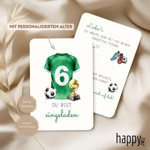 May include: Two white postcards with soccer-themed illustrations. One card features a green jersey with the number 6, a soccer ball, and a trophy. The other card has soccer shoes and a soccer ball. Text includes "You are invited".