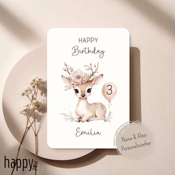 Personalisierte Reh Geburtstagskarte – Super Süße Aquarell Karte mit Name & Alter – Zauberhafte Tierkarte für Kinder Geburtstag Keepsake