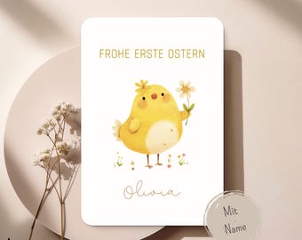 Personalisierte Karte „Frohe erste Ostern“ – Baby Osterkarte mit Name – Süßes Küken Aquarell – Erstes Ostern Baby – Erinnerungsstück