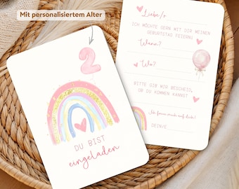 Regenbogen Geburtstagskarte mit Alter | Pastell Rainbow Birthday Invitation| Personalisierte Mädchen Geburtstagskarte