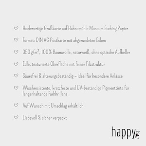 May include: A light beige background with black text describing a greeting card. The text includes details about the paper, format, and ink used. The bottom right corner features the word "happy post" in a handwritten style.