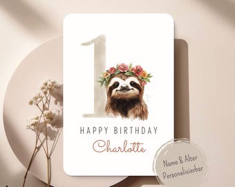 Personalisierte Faultier Geburtstagskarte mit Name & Alter – Süße Kinderkarte im Aquarellstil – Sloth Birthday Card – Kinderzimmer Deko
