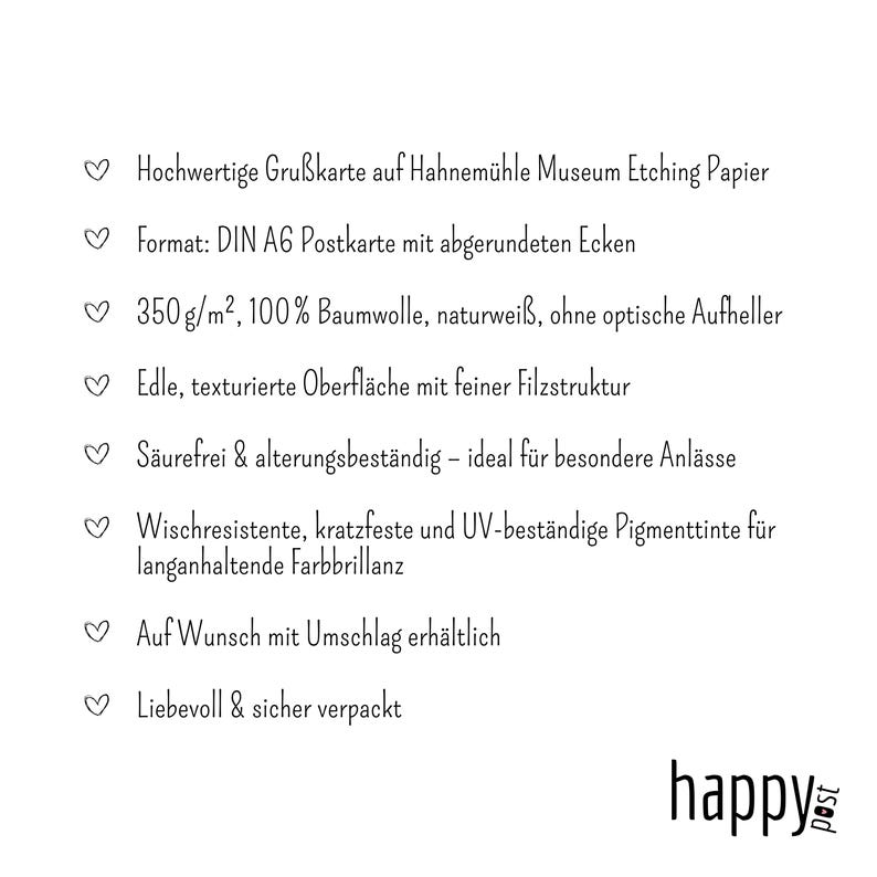 May include: White card with text in German, including details about the paper, format, and ink. The card is made of 350 g/m&sup2; cotton paper. The card has rounded corners and is acid-free and age-resistant.