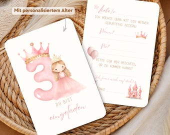 Prinzessin Geburtstag Einladungskarte mit Alter | Personalisierte Prinzessin Mädchen Einladung | Girls Princess Birthday Invitation