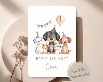 Personalisierte Hunde Geburtstagskarte – Party Animals – Dog Birthday Card mit Name & Alter – Süße Hundeparty Karte für Kinder