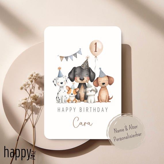 Personalisierte Hunde Geburtstagskarte – Party Animals – Dog Birthday Card mit Name & Alter – Süße Hundeparty Karte für Kinder