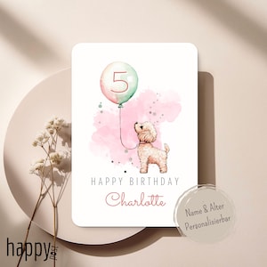Personalisierte Pudel Geburtstagskarte mit Name & Alter – Süße Hunde Karte für Mädchen – Aquarell Poodle – Kindergeburtstagskarte