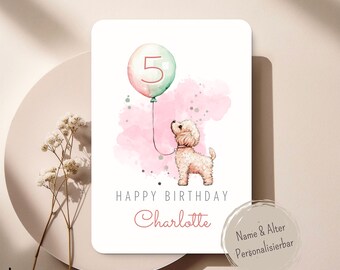 Personalisierte Pudel Geburtstagskarte mit Name & Alter – Süße Hunde Karte für Mädchen – Aquarell Poodle – Kindergeburtstagskarte