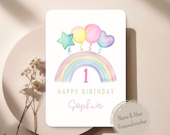 Personalisierte Regenbogen Geburtstagskarte für Mädchen – Pastell Aquarell – Mit Name & Alter – Süße Kindergeburtstagskarte – A6