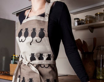 Linen/cotton apron with black cats design, Christmas gift, Housewarming gift, Gift for cats lovers