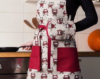 Linen apron with owls design, Gift for woman, Christmas gift, Gift for owls  lovers