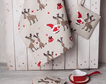 Linen/Cotton Kitchen towels, Christmas Elks tea towels, Farm house kitchen, Housewarming gift,  Gift for woman