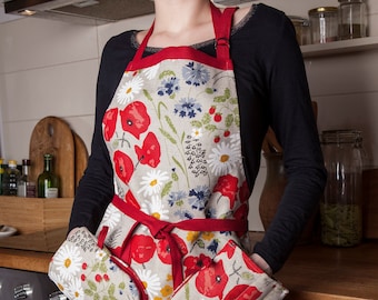 Linen apron, Flowers , Meadow design, Poppies and cornflowers design, Gift for woman, Housewarming gift, Gift for nature lovers