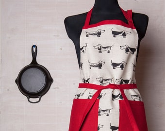 Red linen/cotton apron with dogs (dachshund) design, a perfect Christmas/housewarming gift for dogs lovers or hunters