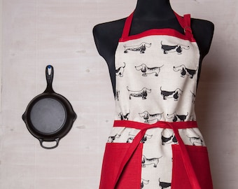 Red linen/cotton apron with dogs (dachshund) design, a perfect Christmas/housewarming gift for dogs lovers or hunters