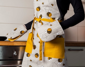 Tablier en lin avec motif abeilles, cadeau pour apiculteur, cadeau pour femme, cadeau de Noël pour les amoureux des abeilles, cadeau pour maman, cadeau de fête des mères