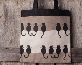 Linen shoulder bag, Black cats design, Gift for woman, Christmas gift, Housewarming gift, Gift for cats lovers, Tote bag