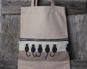 100% Linen shopping bag, Cats design, Zero waste bag, Zipper bag, Christmas gift, Gift for woman, Tote bag