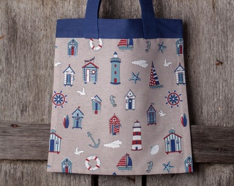 Linen tote bag with a lighthouse, boats design. Sea,ocean pattern