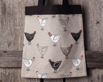 Linen shoulder bag, Chicken (hen) design, Gift for woman, Christmas gift, Housewarming gift, Gift for chicken lovers, Tote bag