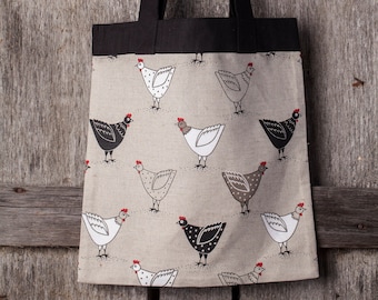 Linen shoulder bag, Chicken (hen) design, Gift for woman, Christmas gift, Housewarming gift, Gift for chicken lovers, Tote bag