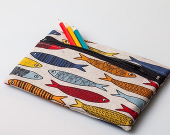 Linen zipper pouch, Sea fish (Sardines) design, Pencil case, Makeup bag, Toiletries, Cosmetic pouch, Travel bag, Gadget bag, Christmas gift,