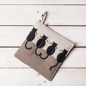 Linen pot holder, Black cats design, Christmas gift, Gift for woman, Housewarming gift, Gift for cats lovers