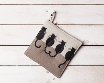 Linen pot holder, Black cats design, Christmas gift, Gift for woman, Housewarming gift, Gift for cats lovers