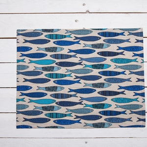 Placemat for breakfast with blue fishes design, Sea design, Sardines pattern, Gift for Christmas, Gift for women, Gift for fish lovers