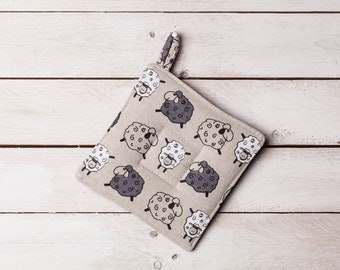 Linen potholder, Farm house kitchen,  Fun sheep design, Christmas gift, Gift for woman, Sheep lovers, Farm house animals