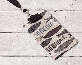 Linen mobile bag case, Fish design, Gift for fish lovers, Sardines pattern, Gift for Christmas