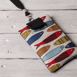 Linen mobile bag case, Fish (sardines) design, Fish pattern, Gift for fisherman