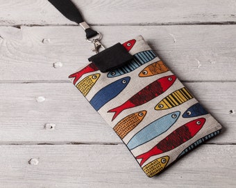 Linen mobile bag case, Fish (sardines) design, Fish pattern, Gift for fisherman