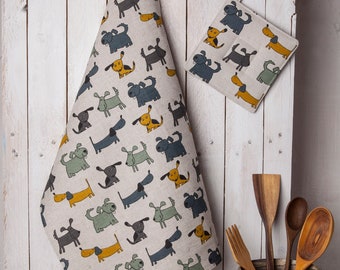 Linen/Cotton Kitchen towels,  Tea towels, Farm house kitchen, Housewarming gift, Dogs design,