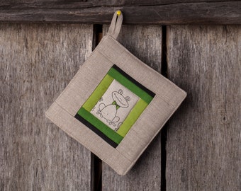 Linen patchwork potholder, Frog design, Gift for frog lovers, Christmas gift