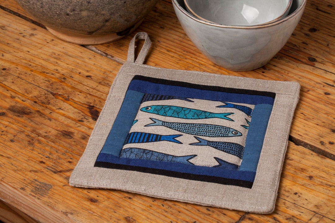 Patchwork Fish Design Linen Patchwork Potholder, Fish Design, Sea, Maritime Pattern, Sardines ...