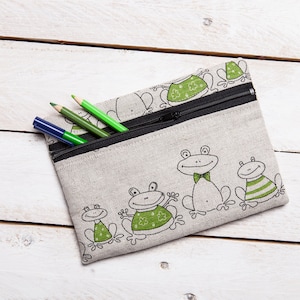 Linen zipper pouch, Frogs design, Pencil case, Makeup bag, Toiletries, Cosmetic pouch, Travel bag, Gadget bag, Christmas gift,Gift for woman