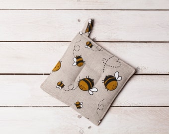 Linen pot holder, Bees design, Christmas gift, Gift for woman, Housewarming gift, Gift for beekeeper