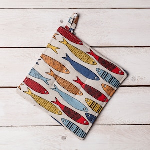 Linen potholder, Fish design, Marines, Sea, Maritime pattern, Sardines, Gift for fisherman, Ocean, Beach house kitchen, Christmas gift