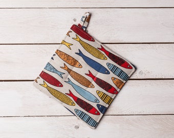 Linen potholder, Fish design, Marines, Sea, Maritime pattern, Sardines, Gift for fisherman, Ocean, Beach house kitchen, Christmas gift