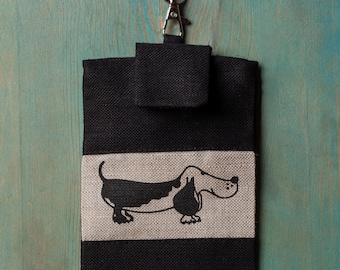 Linen mobile bag case, Dog, dachshund design, Christmas gift for dogs lovers